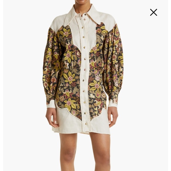 Alemais Dresses & Skirts - ALEMAIS Isabella Floral Panel Long Sleeve Linen Shirtdress